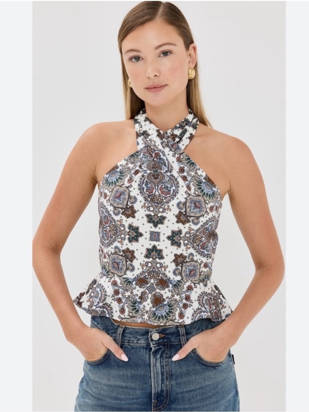 Veronica Beard White Paisley Peplum Halter Top